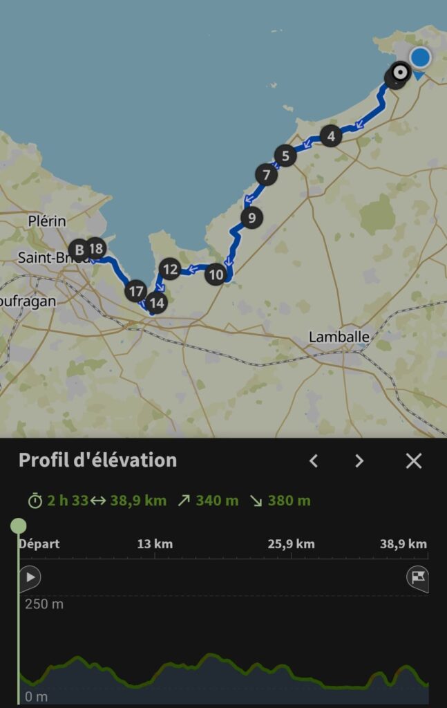 Mon itinéraire de ce troisième jour de voyage itinérant à vélo en Bretagne
