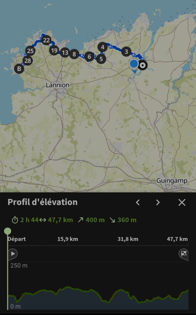 Itinéraire de ce sixième jour de voyage à vélo sur la Côte de Granit Rose en Bretagne, sur la Vélomaritime