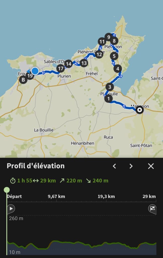 Mon itinéraire de cette seconde journée de voyage à vélo sur la Vélomaritime en Bretagne