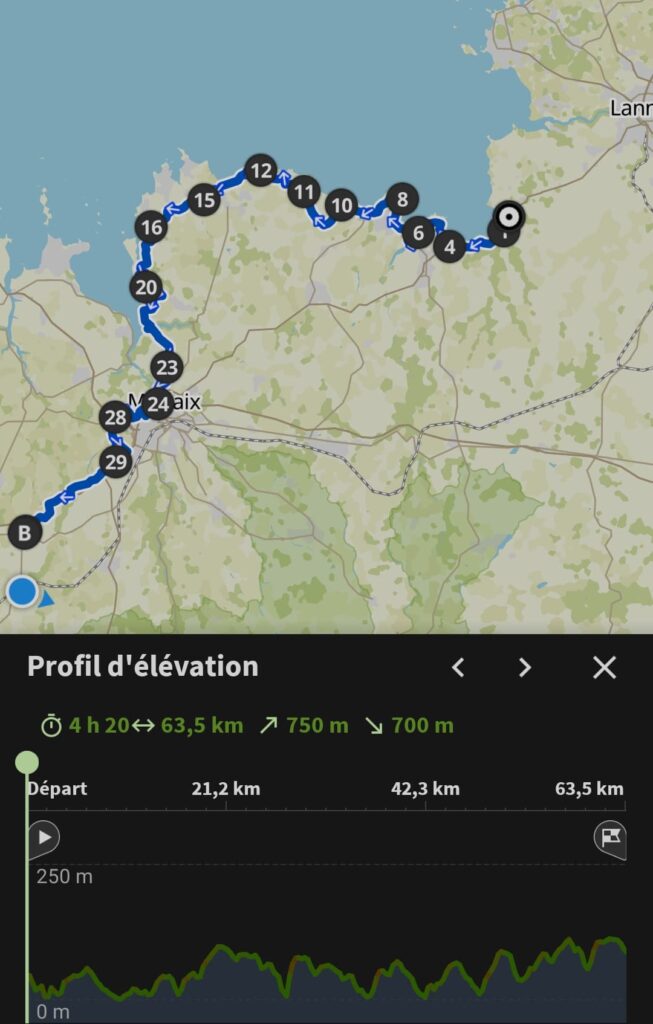 Mon itinéraire de cette huitième et dernière journée de voyage à vélo itinérant sur la Vélomaritime en Bretagne